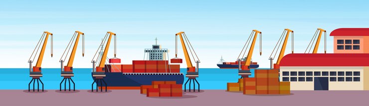 Vecteur port de mer industriel navire de fret grue de chargement logistique conteneur chargement eau d'entrepôt