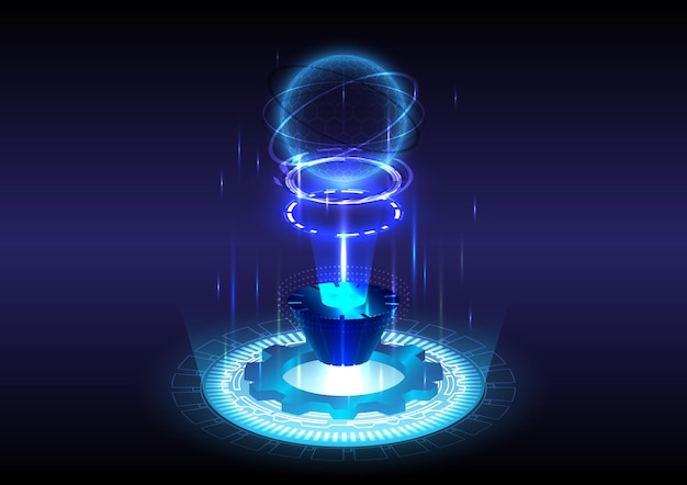 Portail et hologramme science hitech numérique scifi futuriste dans le circuit HUD brillant Résumé historique Porte magique dans le jeu fantastique Sphère podium de téléportation GUI UI infographie de réalité virtuelle