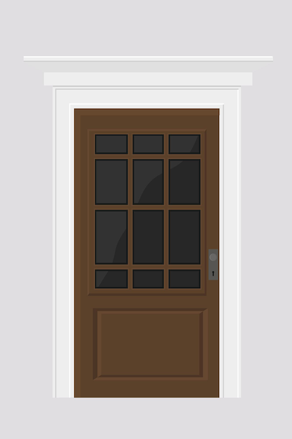 Une porte en bois classique avec verre en illustration vectorielle de cadre blanc