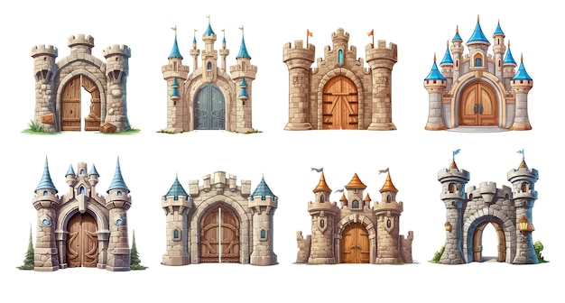 Porte du château en pierre de dessin animé avec grande porte en bois isolée sur fond blanc jeu d'illustrations vectorielles