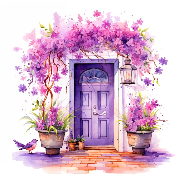 Porte entourée de fleurs peinture aquarelle