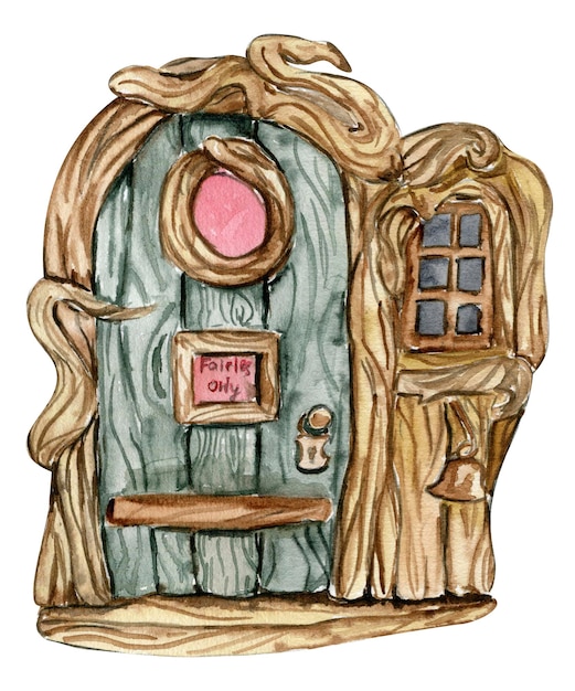 Porte De Maison De Dessin Animé Aquarelle Pour Fée.