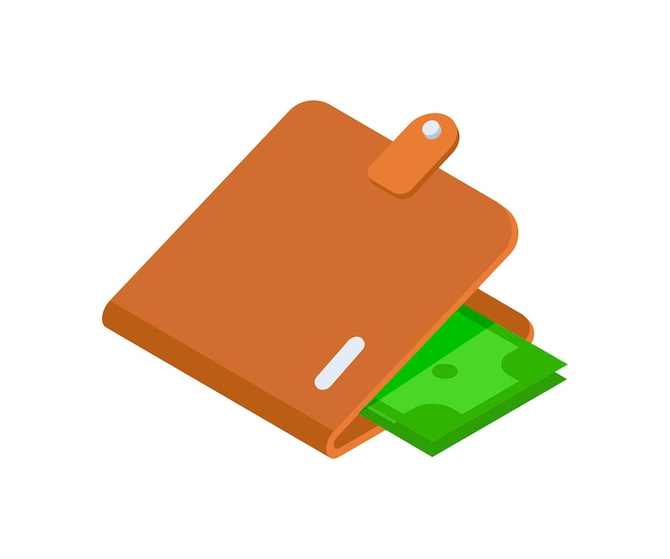 Vecteur porte-monnaie en cuir marron ouvert avec illustration vectorielle isométrique d'icône 3d minimaliste en argent comptant