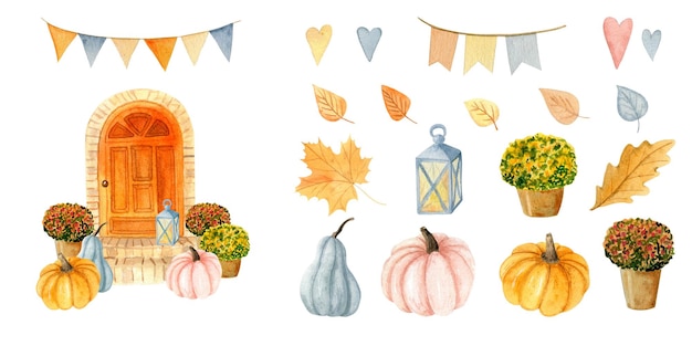 Porte orange aquarelle avec décor d'automne Lanterne citrouille et pots de fleurs dans le jardin d'automne