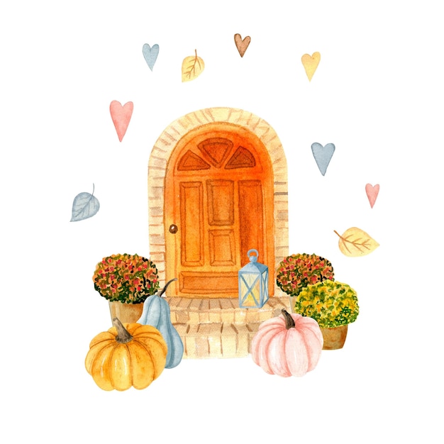 Porte Orange Aquarelle Avec Décor D'automne