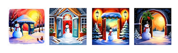 Porte ouverte en hiver et bonhomme de neige carte de voeux de Noël art illustration vectorielle