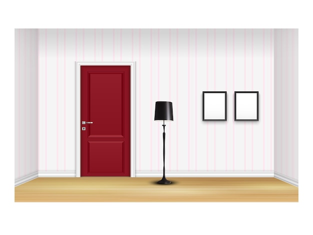 une porte rouge avec une lampe noire sur le mur et une lampe sur le sol