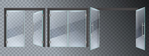 Vecteur porte en verre réaliste. portes en verre modernes d'entrée, cadre en acier de bureau ou de centre commercial pour fermer et ouvrir l'ensemble d'illustration de portes. porte d'entrée en verre, entrée transparente vide