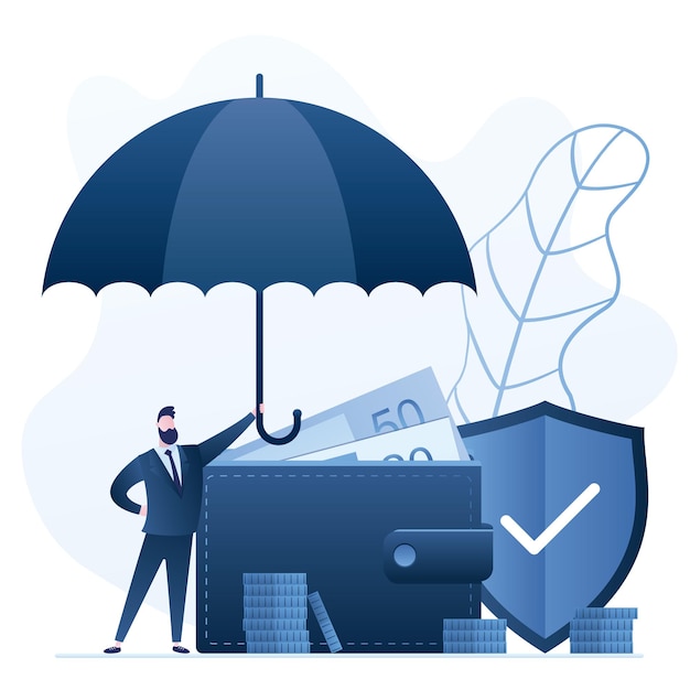Portefeuille avec de l'argent et homme d'affaires tenant un parapluie Bouclier sécurisé en arrière-plan Concept de protection financière