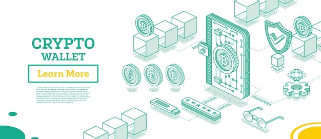 Portefeuille cryptographique isométrique connecté au concept de contour de l'industrie de la crypto-monnaie Blockchain de la technologie Blockchain avec des cubes