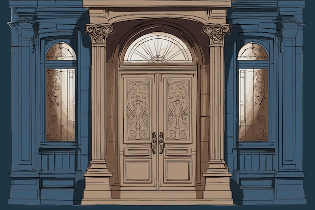 Portes de maison Entrée principale de dessin animé Seuils de portes de mur extérieur avec porches Portes extérieures de chalet