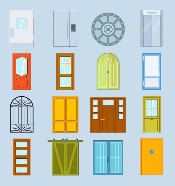 Portes vector design éléments de mobilier porte entrée avant maison bâtiment en illustration de porte de style plat isolé sur les éléments de la maison de fond.