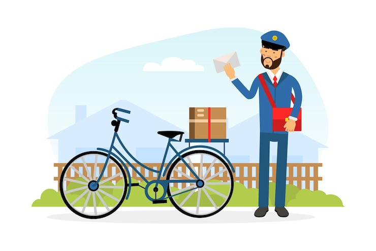 Vecteur porteur de courrier ou facteur en tant qu'employé du service postal livrant du courrier et des colis à la résidence illustration vectorielle