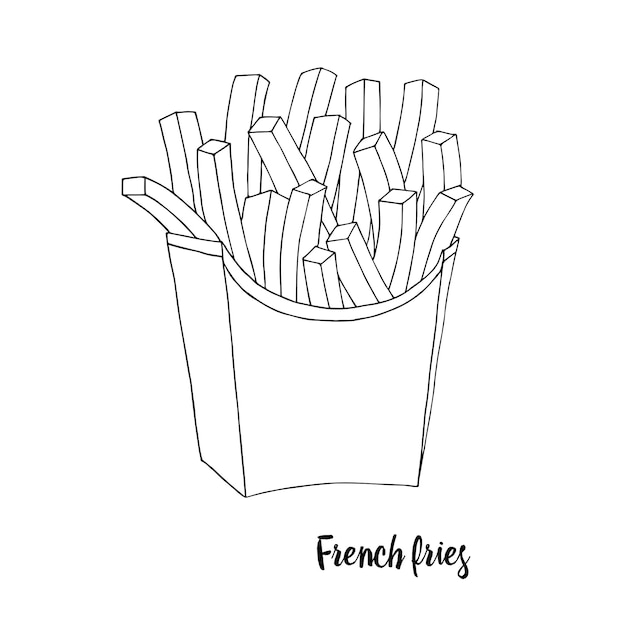 Portion De Frites Dans Un Emballage En Papier Croquis Noir Et Blanc Isolé Sur Fond Blanc