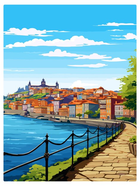 Porto Portugal affiche de voyage vintage souvenir carte postale portrait peinture illustration WPA