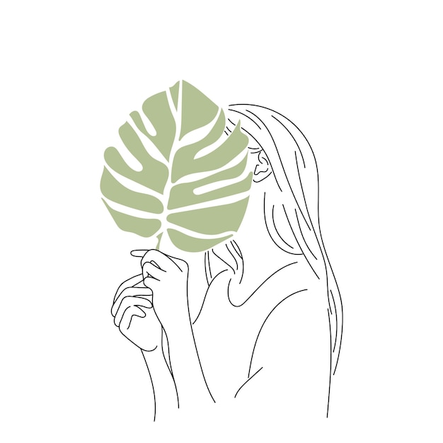 Vecteur portrait abstrait de femme, feuille de monstera. illustration tendance dans un style minimaliste