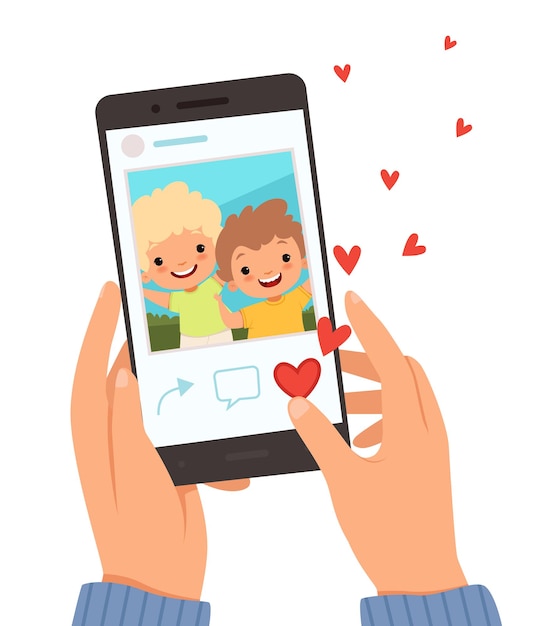 Portrait D'amis. Mains Tenant Le Smartphone Avec Photo D'enfants Sourire Heureux à L'écran Comme Dans L'arrière-plan De Dessin Animé De Site Web Social.