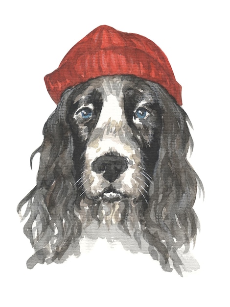 portrait à l'aquarelle d'un chien avec un chapeau