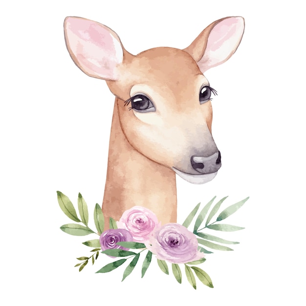 Portrait à L'aquarelle Dessiné à La Main D'un Cerf Avec Un Bouquet De Fleurs
