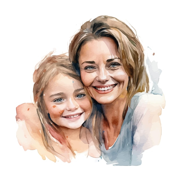 Vecteur un portrait à l'aquarelle d'une mère et sa fille.