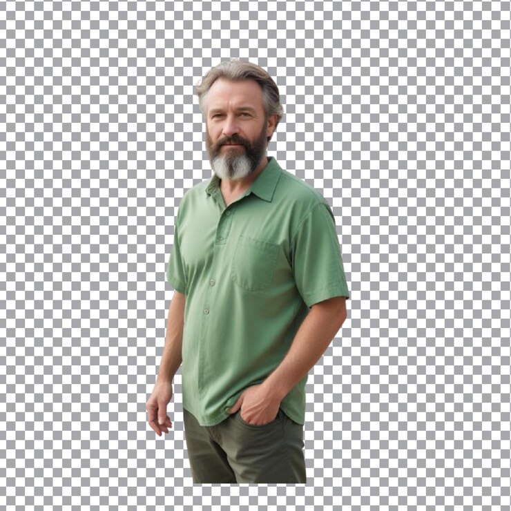 Vecteur portrait d'un beau jeune homme souriant et élégant vêtu d'une chemise olive sur un fond transparent