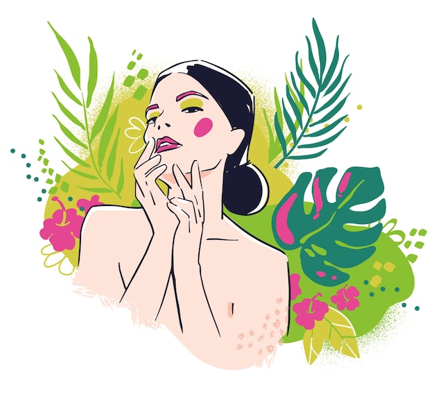 Portrait De Beauté, Femme Sur L'illustration De Mode De Fond Floral, Vecteur