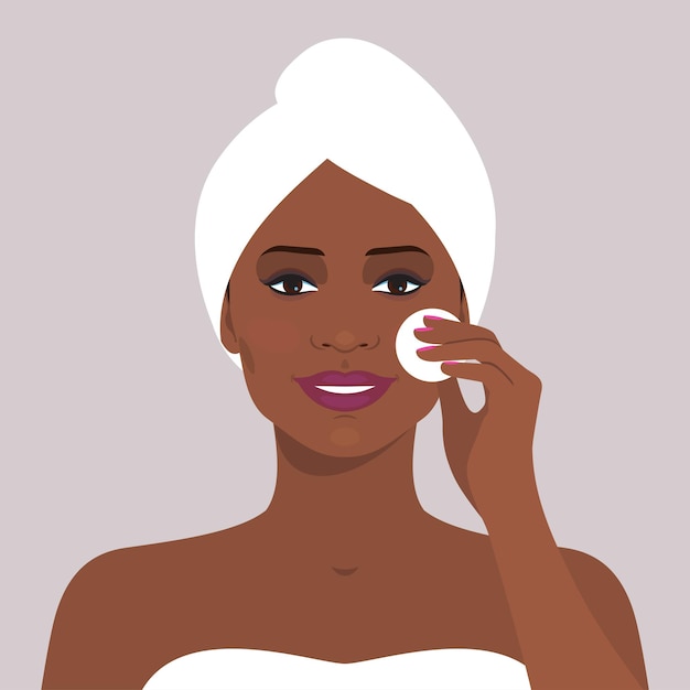 Vecteur portrait d'une belle femme afro-américaine nettoyant son visage avec un coton