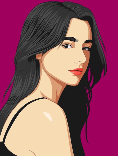 Portrait d'une belle femme aux cheveux longs sur fond violet