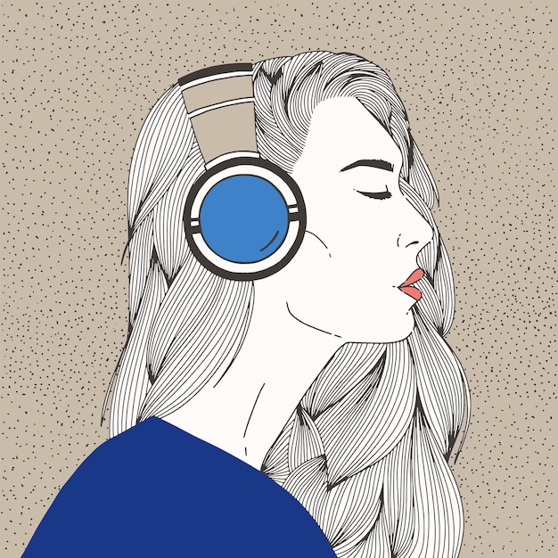Portrait d'une belle jeune femme aux cheveux longs, les yeux fermés, portant des écouteurs. Fille magnifique écoutant la mélodie de la musique avec plaisir. Vue de côté. Illustration vectorielle dessinée à la main dans un style réaliste.