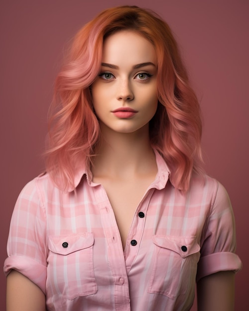 Vecteur portrait d'une belle jeune femme aux cheveux roses sur un fond rose