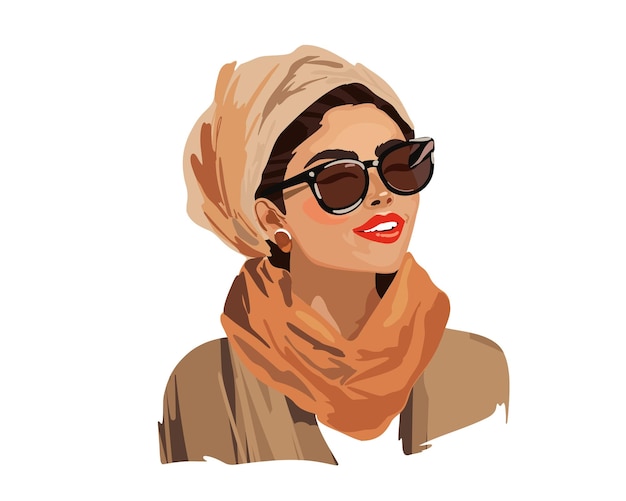 Vecteur portrait d'une belle jeune femme à lunettes de soleil avec un foulard sur la tête