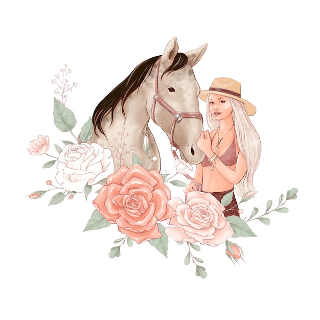 Portrait D'un Cheval Et D'une Fille Dans Un Style Aquarelle Numérique Et Un Bouquet De Roses