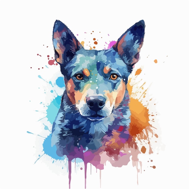 Portrait de chien coloré avec aquarelles et sprays.