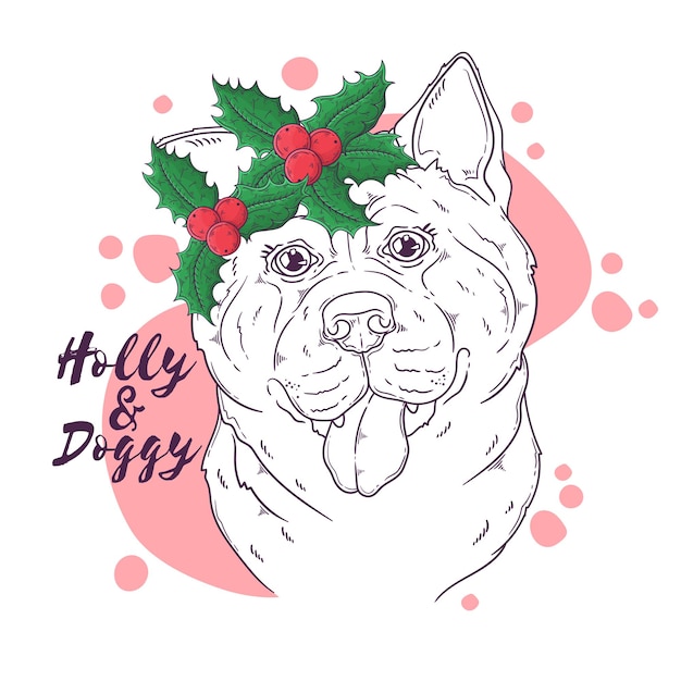 Portrait de chien dessiné à la main avec des accessoires de Noël