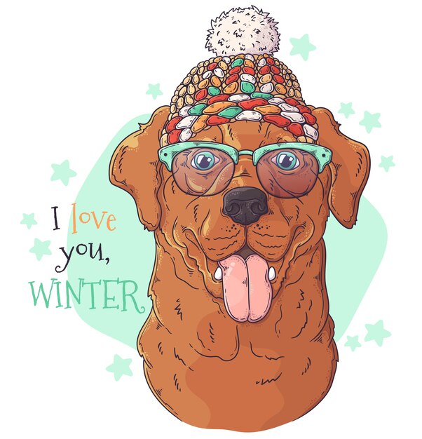 Portrait de chien dessiné à la main avec des accessoires de Noël