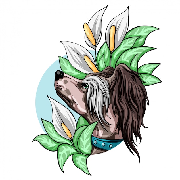 Portrait d'un chien avec des fleurs.