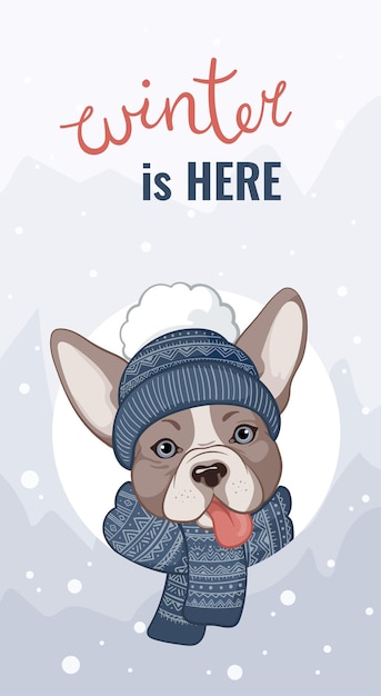 Vecteur portrait de chien portant un bonnet et une écharpe d'hiver. l'hiver est arrivé. carte de nouvel an, t-shirt, affiche