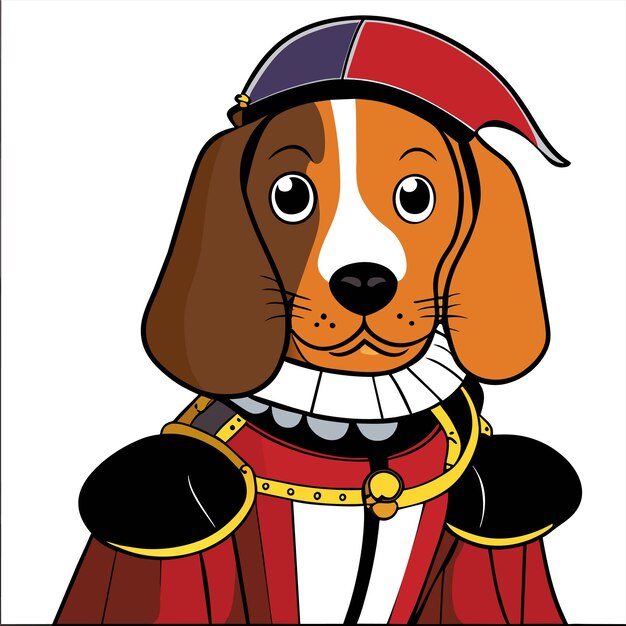 Vecteur portrait d'un chien portant un uniforme militaire historique dessiné à la main avec un autocollant de dessin animé plat et élégant