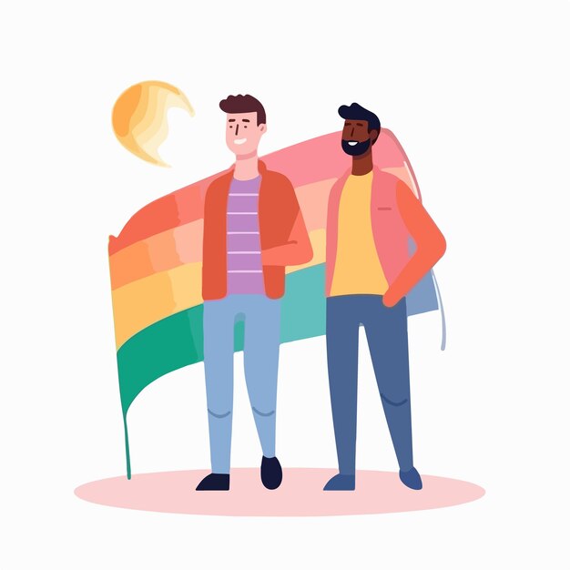 Vecteur un portrait de couple gay avec un drapeau arc-en-ciel le concept de lgbtq illustration d'un couple d'hommes