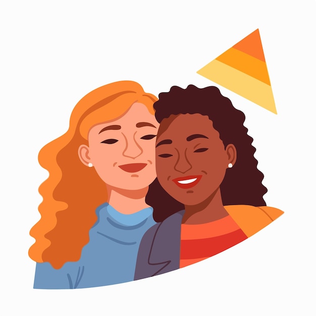 Un portrait de couple lesbien avec un drapeau arc-en-ciel Le concept de LGBTQ Illustration d'un couple
