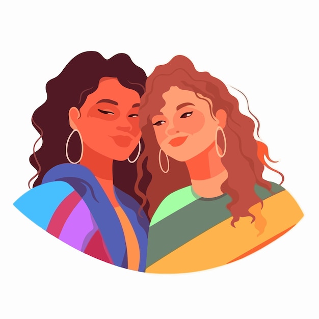 Vecteur un portrait de couple lesbien avec un drapeau arc-en-ciel le concept de lgbtq illustration d'un couple
