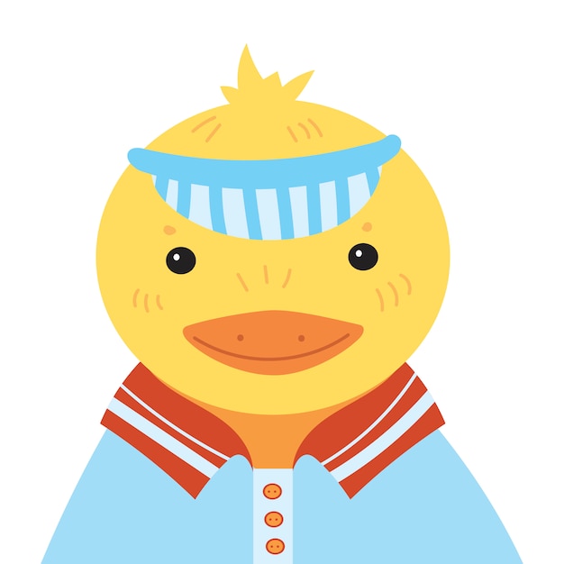 Vecteur portrait de dessin animé d'un canard. canard heureux stylisé dans une casquette. dessin pour les enfants.