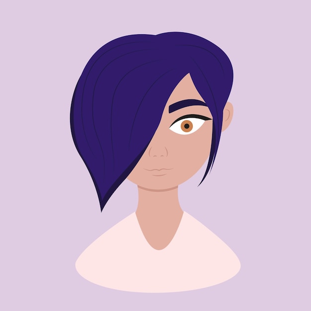 Portrait De Dessin Animé D'une Femme Américaine Aux Cheveux Bleus Sur Fond Violet