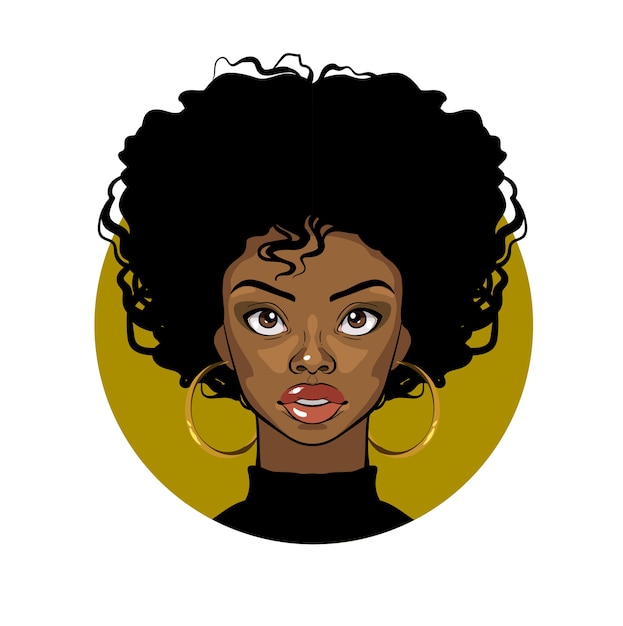 Portrait De Dessin Animé D'une Fille Afro-américaine Aux Cheveux Bouclés, Grands Yeux Et Boucles D'oreilles Dorées