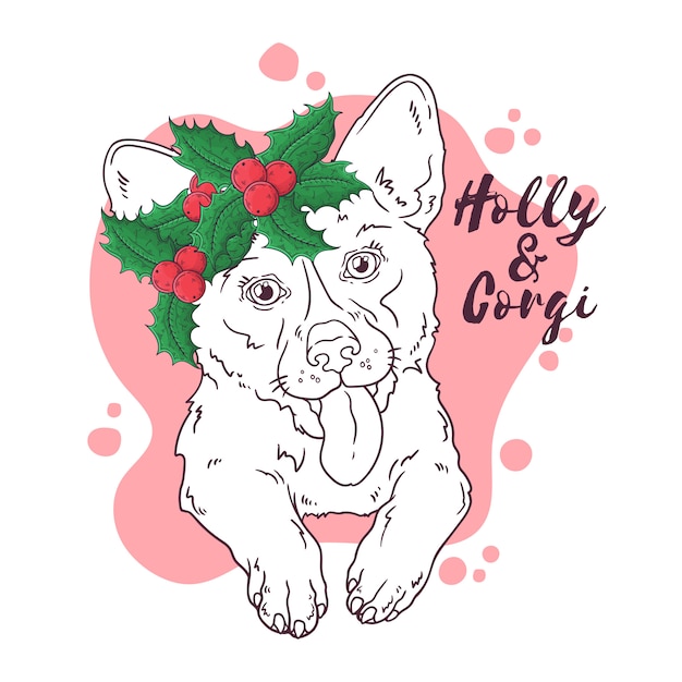 Portrait Dessiné De Main De Chien Corgi Avec Vecteur De Fleurs De Noël.