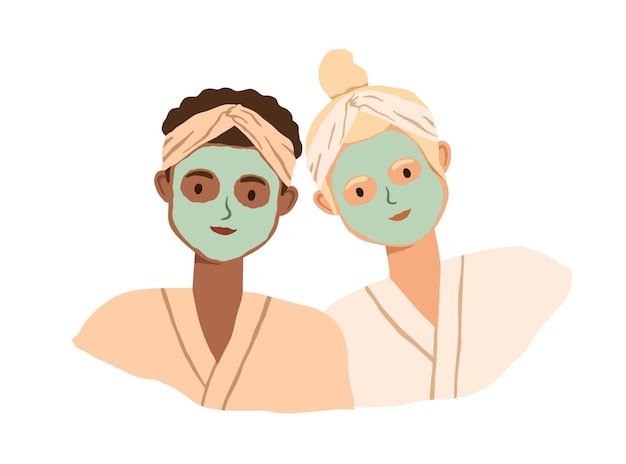 Vecteur portrait de deux femmes avec des masques faciaux en argile sur leurs visages. soins de la peau au spa des copines en peignoir et bandeaux. illustration vectorielle plane colorée isolée sur fond blanc.