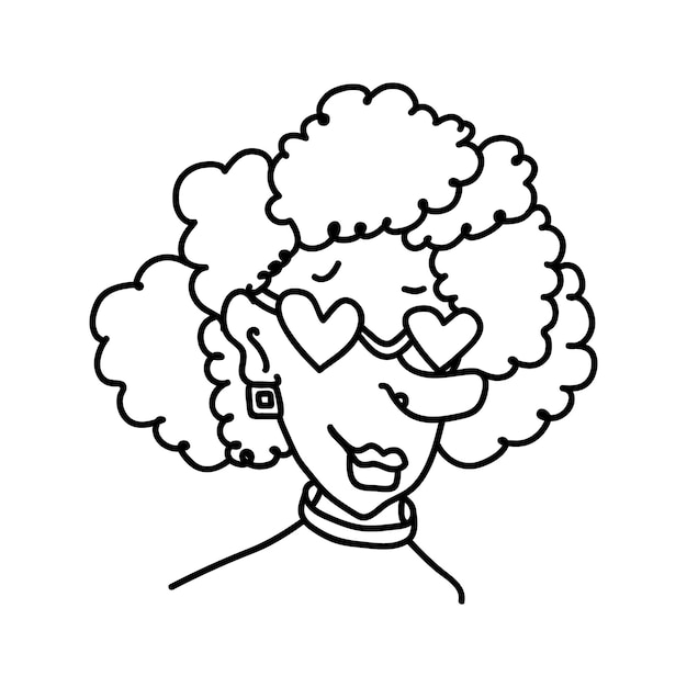 Portrait De Doodle Dessiné à La Main D'une Femme Aux Cheveux Bouclés. Caricature Linéaire Adulte Féminin En Lunettes De Soleil
