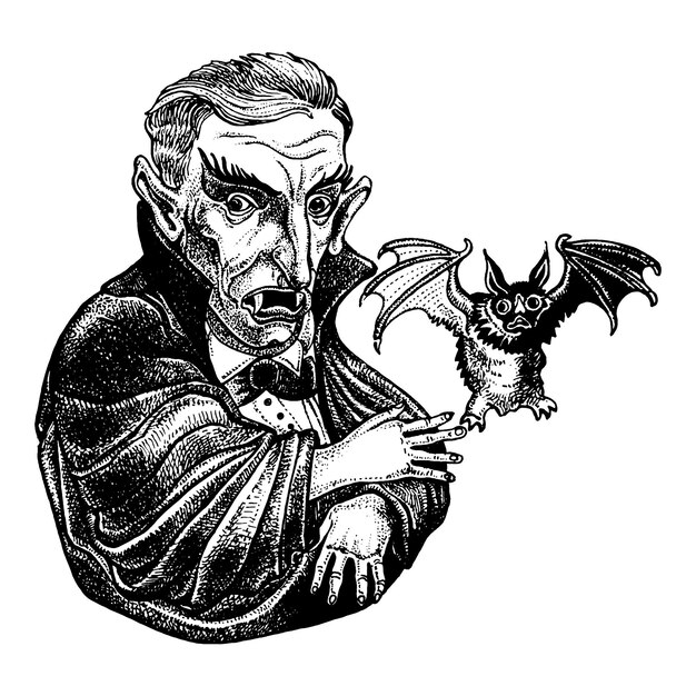 Portrait du comte Dracula avec chauve-souris Illustration dessinée à la main