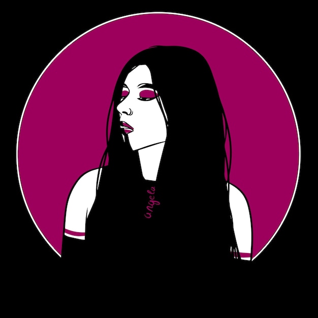 Portrait élégant et minimaliste d'une fille aux cheveux longs dans des tons violets et blancs