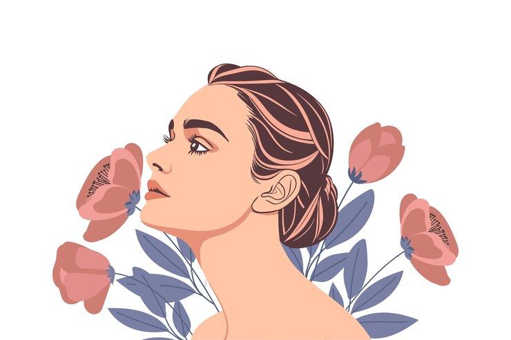 Vecteur portrait d'une élégante et belle jeune femme sur fond floral profile d'une femme avec des fleurs